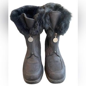 Sorel Women’s 8 Made‎ in Canada Black Leather Winter Heeled Boot Faux Fur Top